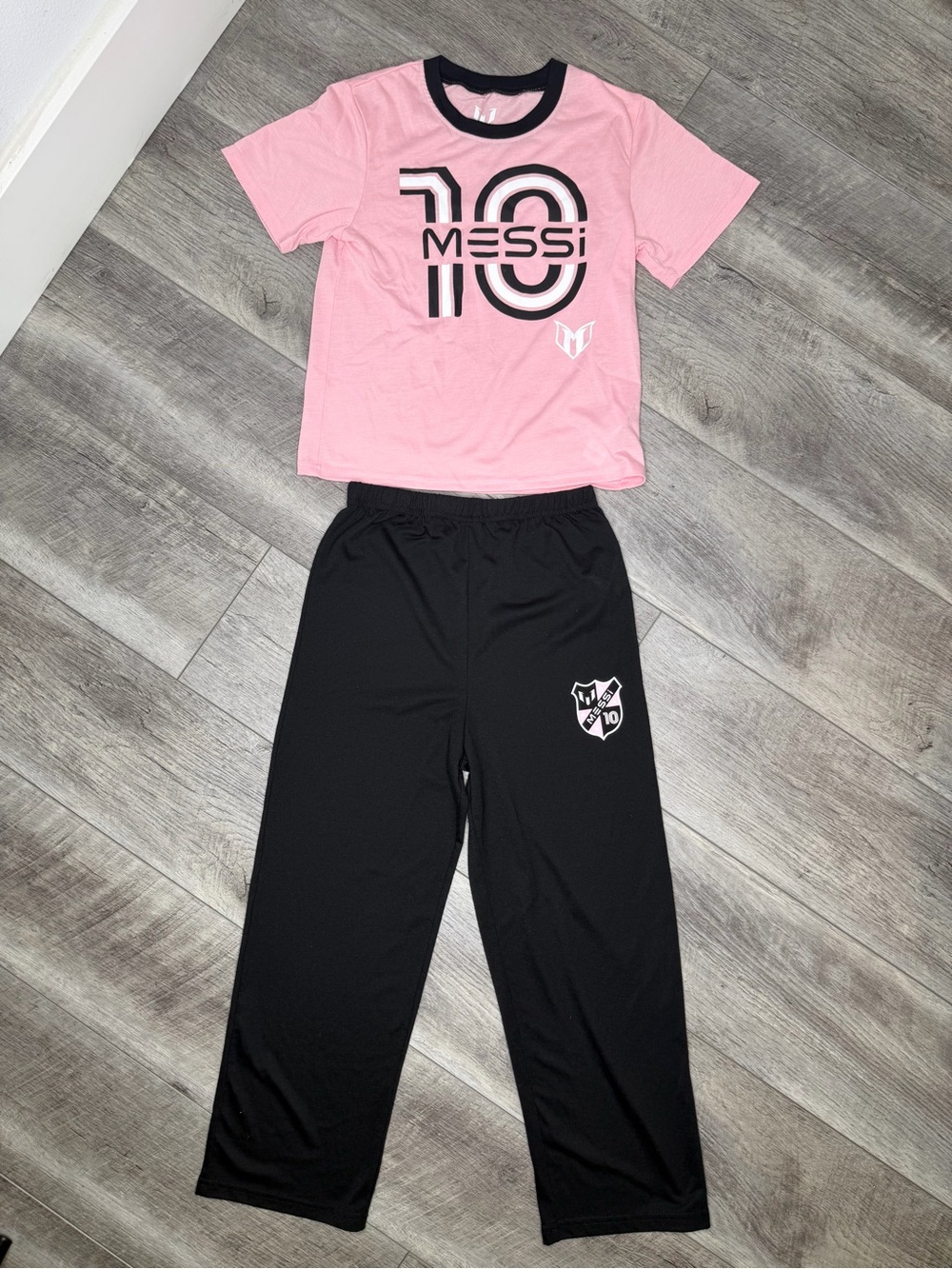 Kids Pink Messi Short Sleeve Top and Black Jogger Pants